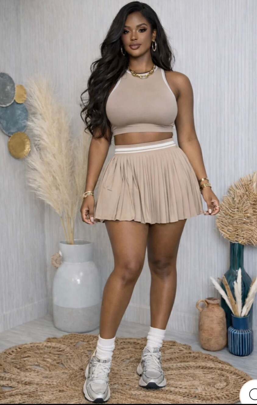 Love Poem Los Angeles Striped Trim Tank Top and Pleated Mini Skirt Set in Taupe